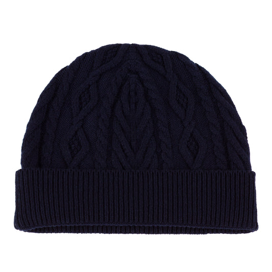 Navy blue knitted cashmere aran cable beanie hat