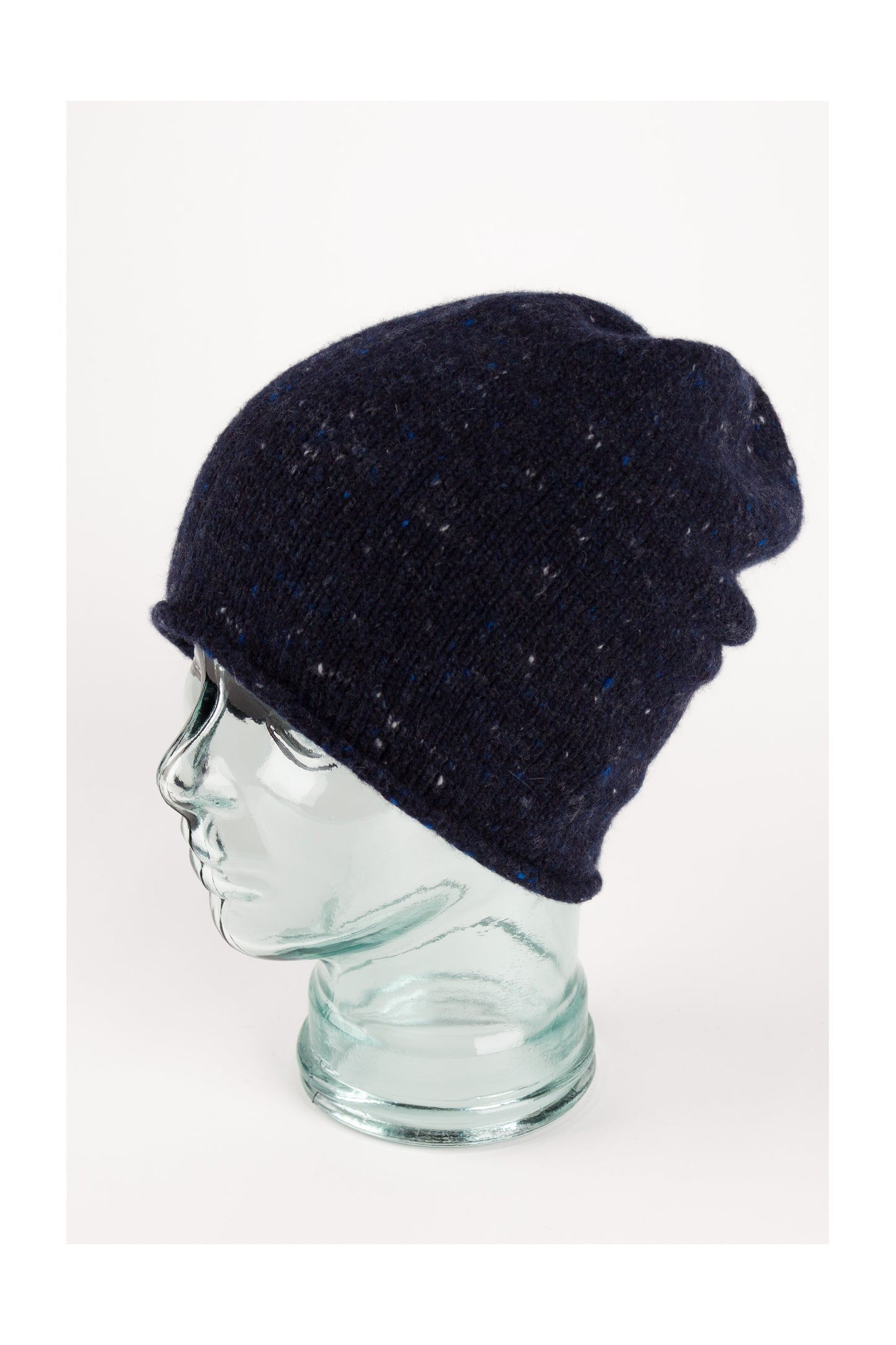 Navy blue knitted donegal cashmere beanie hat, made in Scotland by Love Cashmere