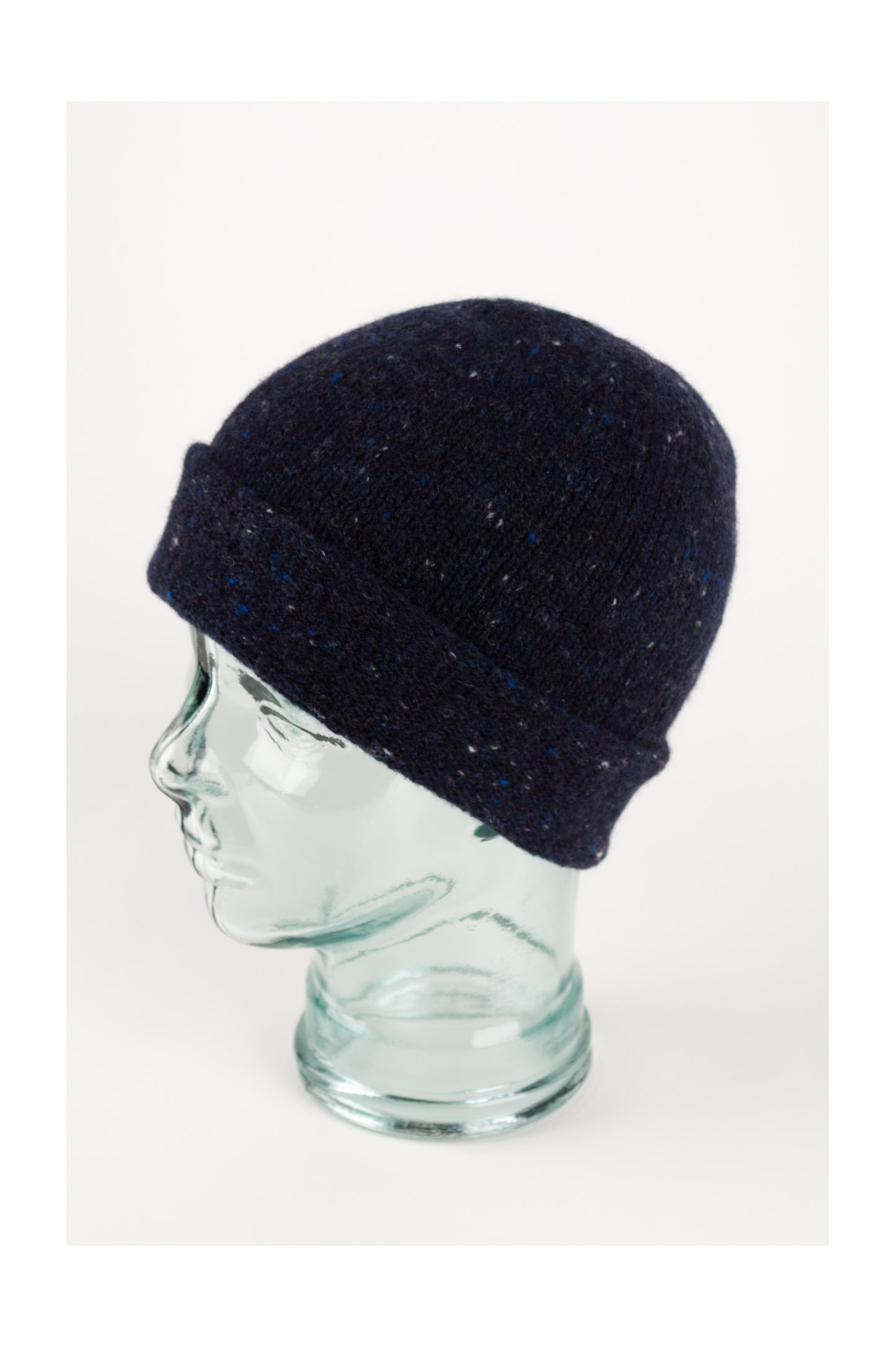 Navy blue knitted donegal cashmere beanie hat, made in Scotland by Love Cashmere