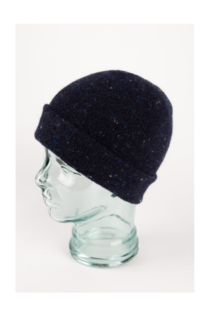 Navy blue knitted donegal cashmere beanie hat, made in Scotland by Love Cashmere
