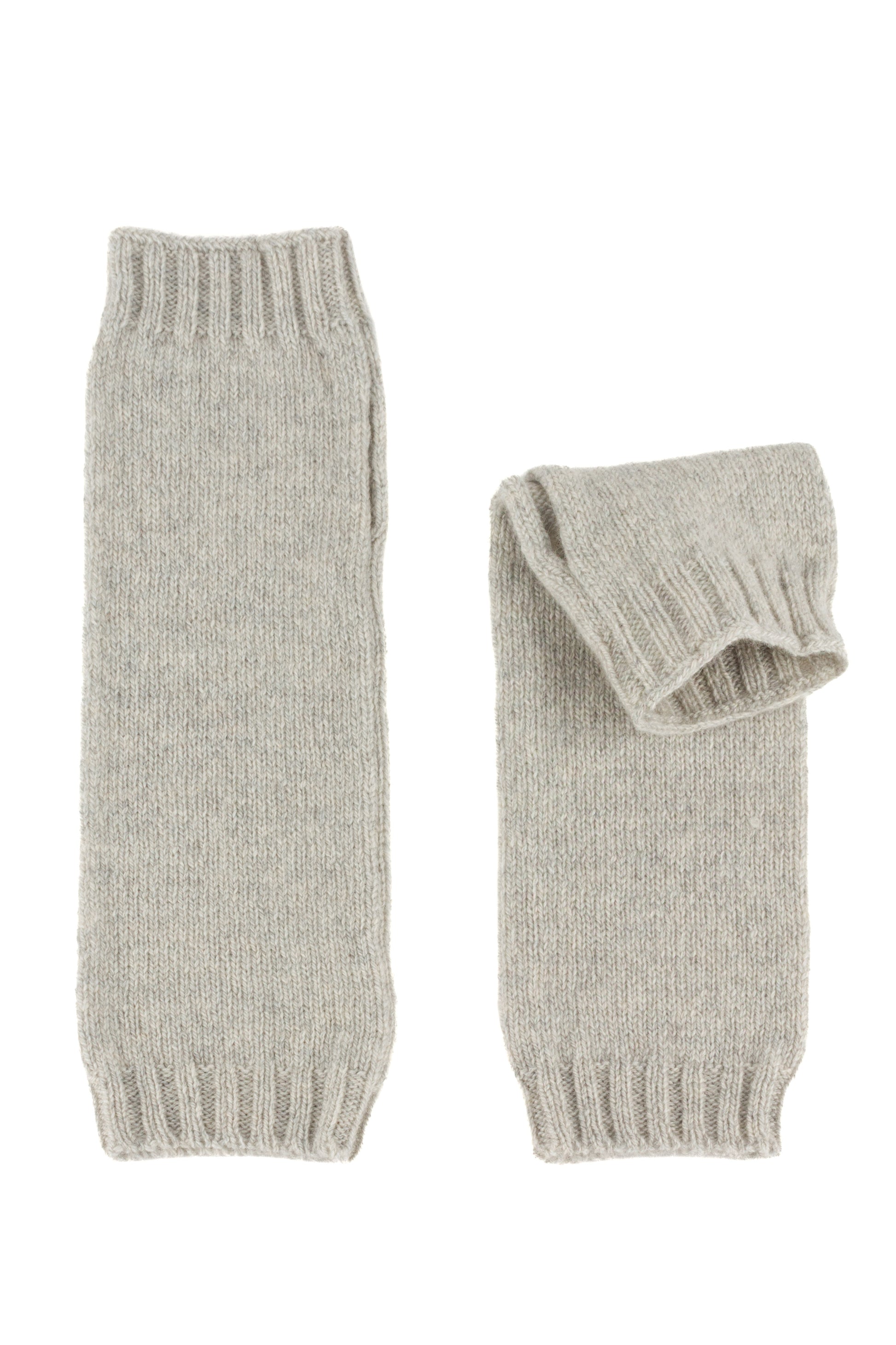 Pale grey knitted cashmere wrist warmers, made in Scotland by Love Cashmere