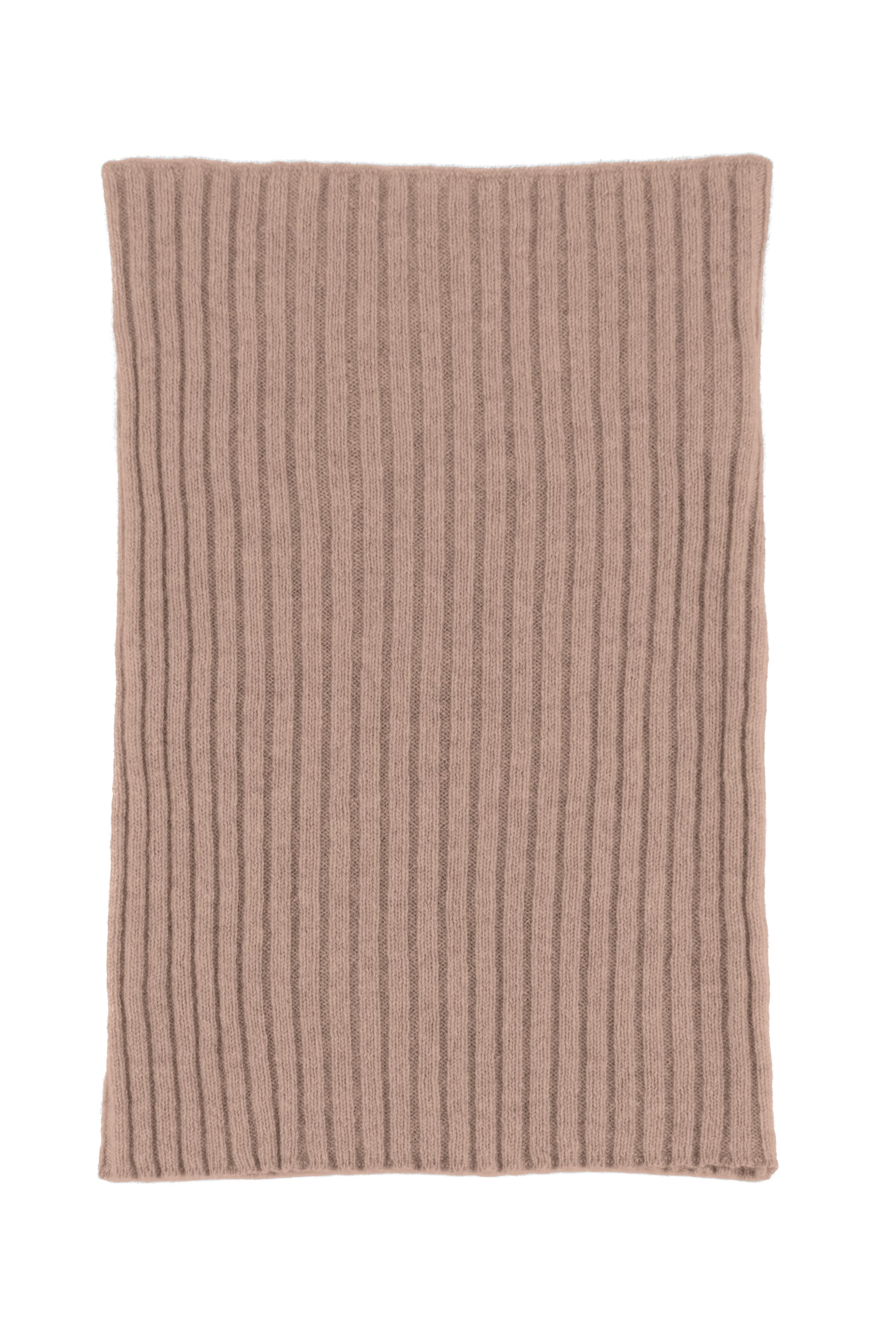 Pale pink knitted ribbed cashmere snood scarf, made in Scotland by Love Cashmere