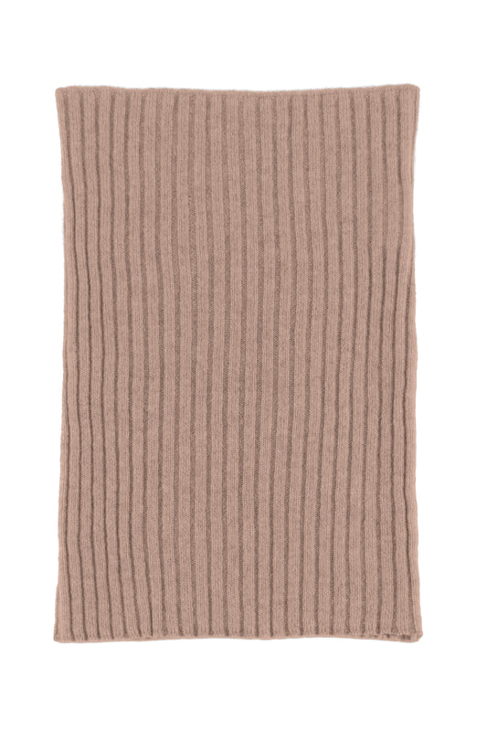 Pale pink knitted ribbed cashmere snood scarf, made in Scotland by Love Cashmere