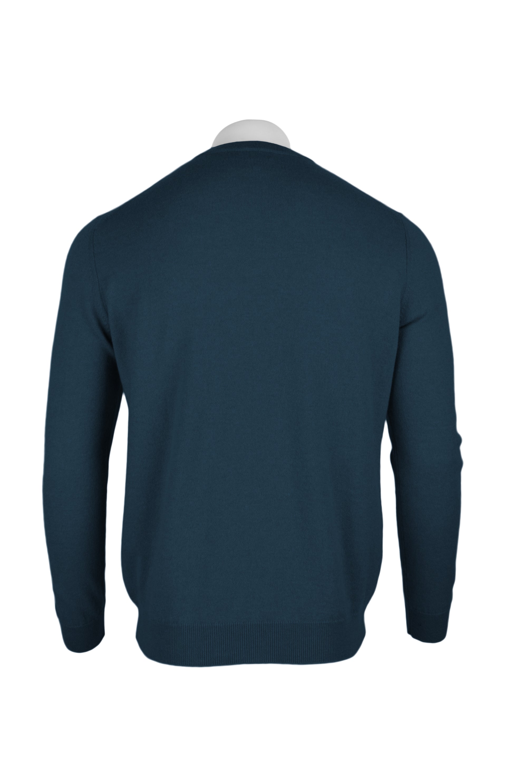 Petrol Blue - Back | Men's Knitted Classic Crew Neck Cashmere Sweater