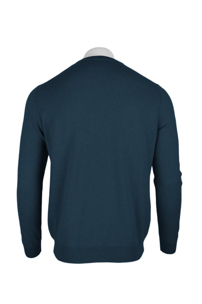 Petrol Blue - Back | Men's Knitted Classic Crew Neck Cashmere Sweater