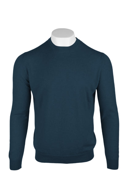 Petrol Blue - Front | Men's Knitted Classic Crew Neck Cashmere Sweater