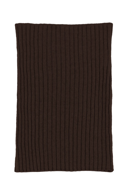 Brown knitted ribbed cashmere snood scarf, made in Scotland by Love Cashmere