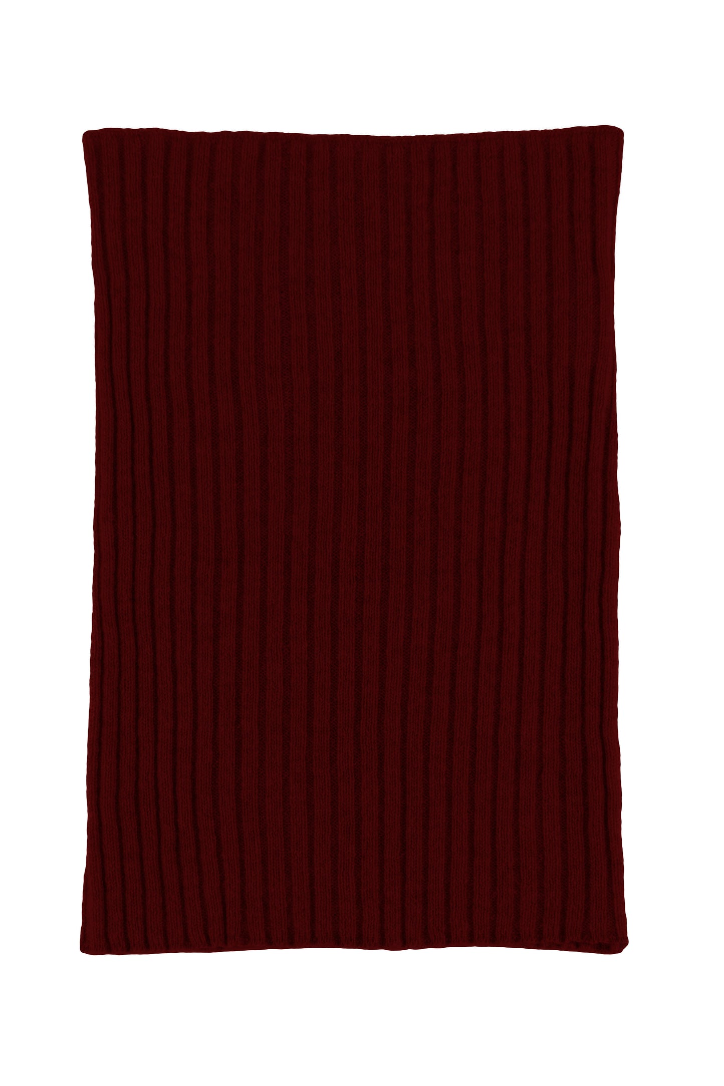 Port red knitted ribbed cashmere snood scarf, made in Scotland by Love Cashmere