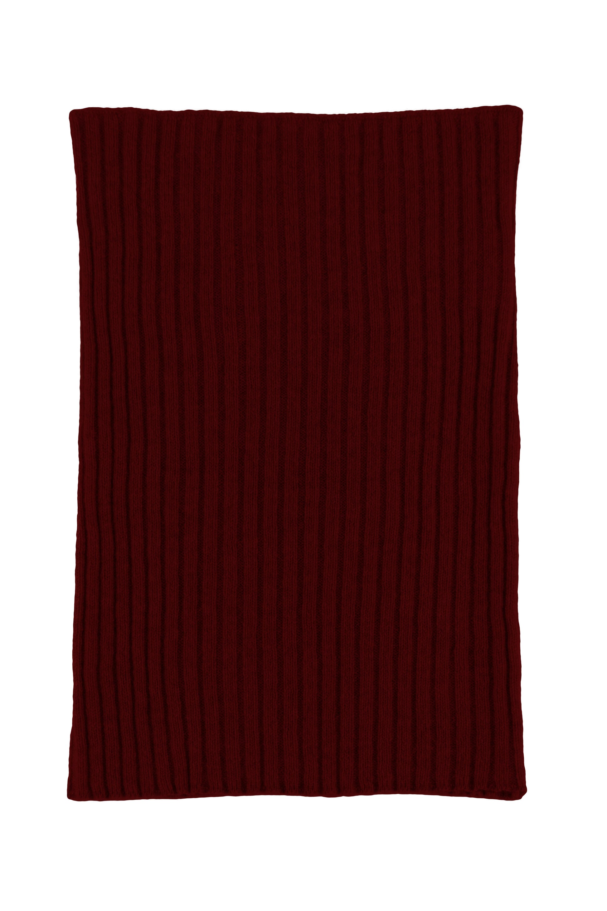 Port red knitted ribbed cashmere snood scarf, made in Scotland by Love Cashmere