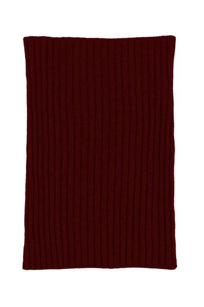 Port red knitted ribbed cashmere snood scarf, made in Scotland by Love Cashmere