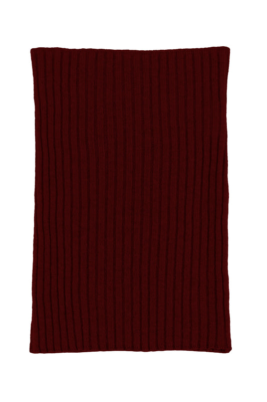Port red knitted ribbed cashmere snood scarf, made in Scotland by Love Cashmere
