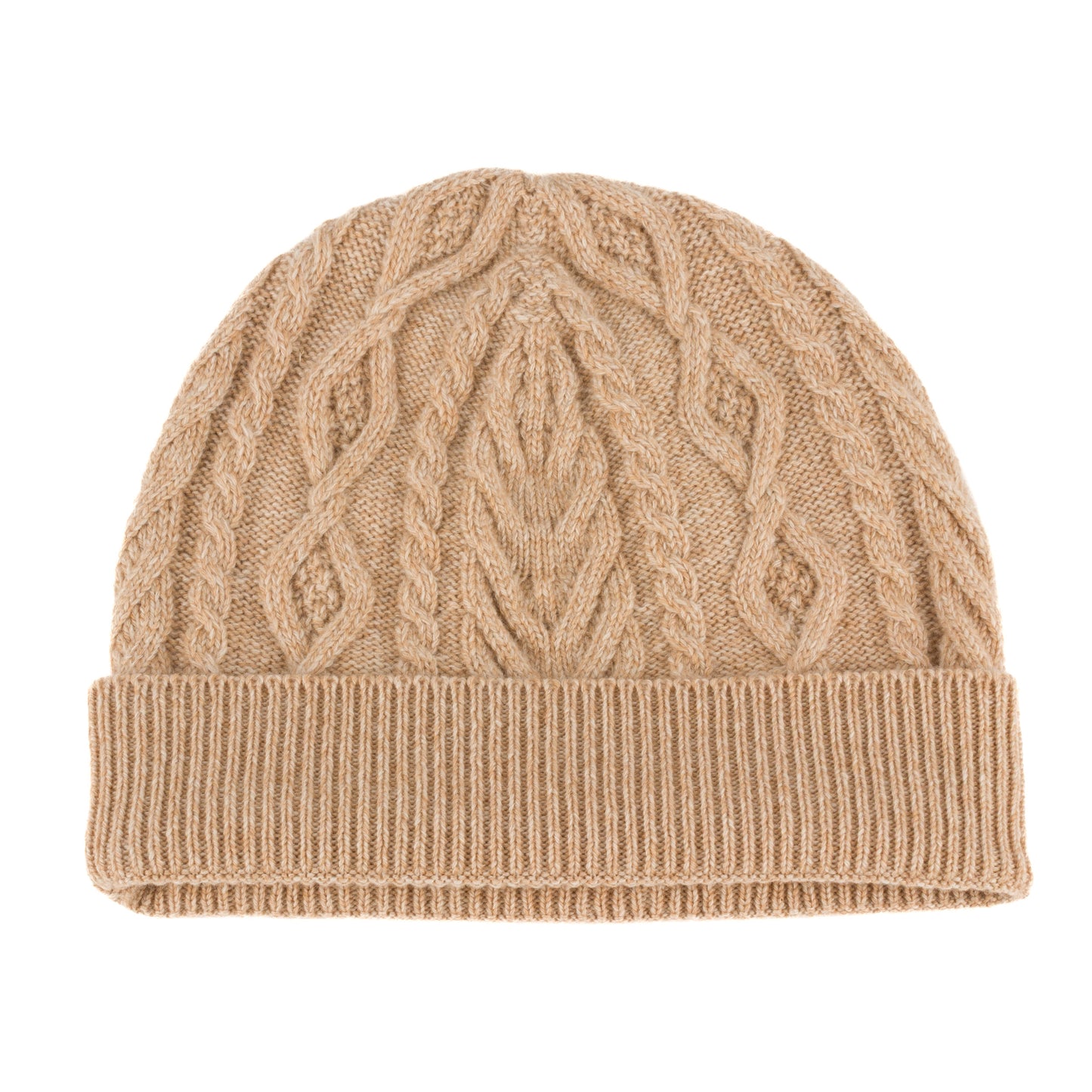 Beige knitted cashmere aran cable beanie hat