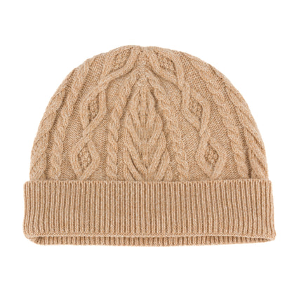 Beige knitted cashmere aran cable beanie hat