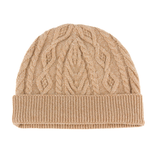 Beige knitted cashmere aran cable beanie hat