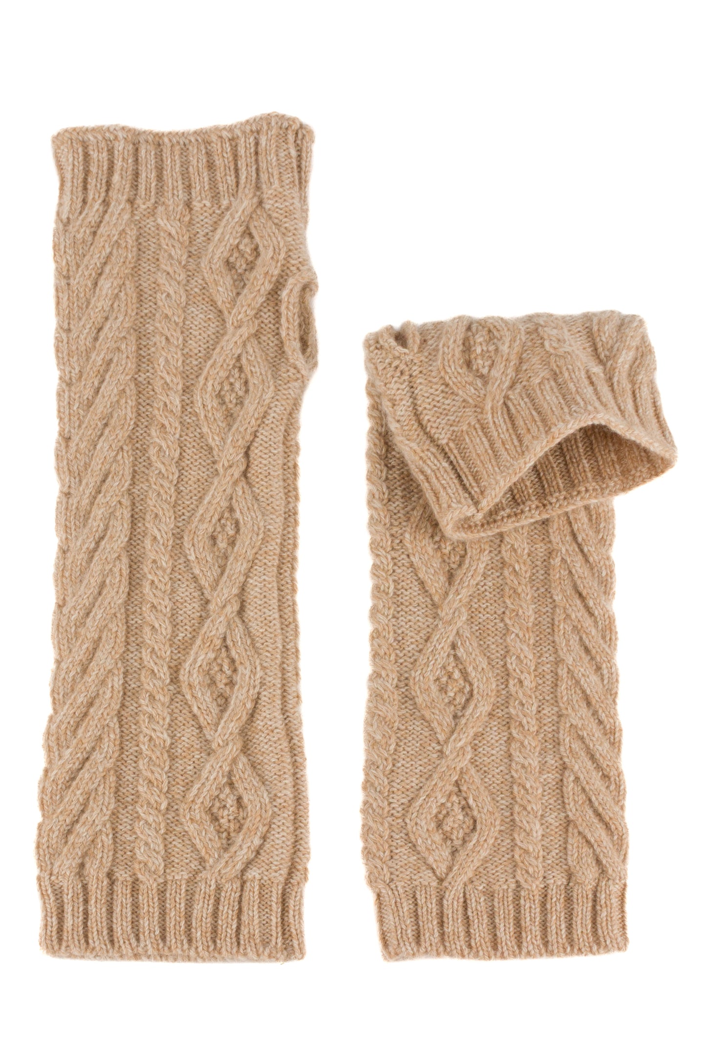 Beige knitted aran cable cashmere arm warmers