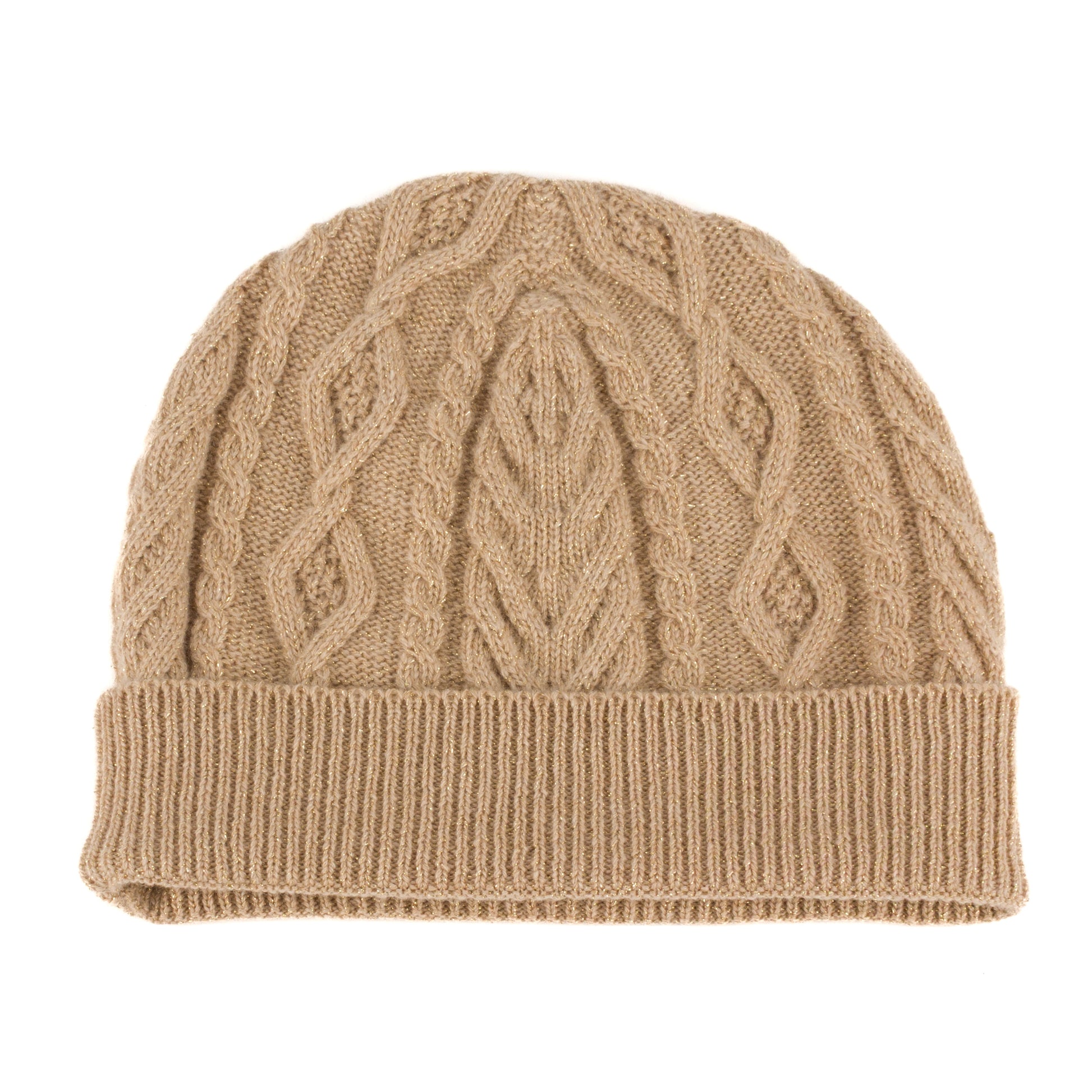 Sand beige knitted cashmere aran cable beanie hat