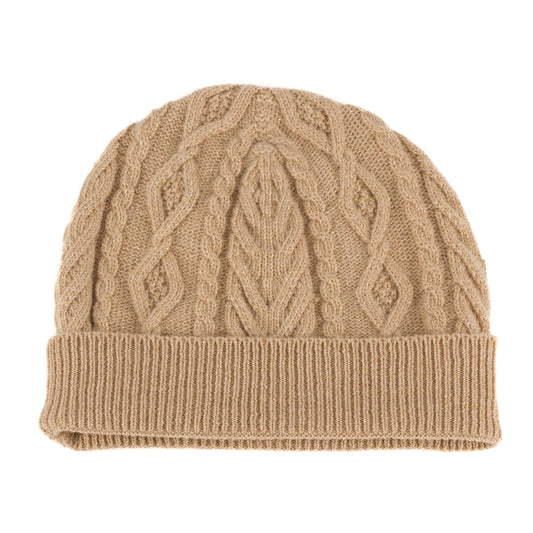 Sand beige knitted cashmere aran cable beanie hat