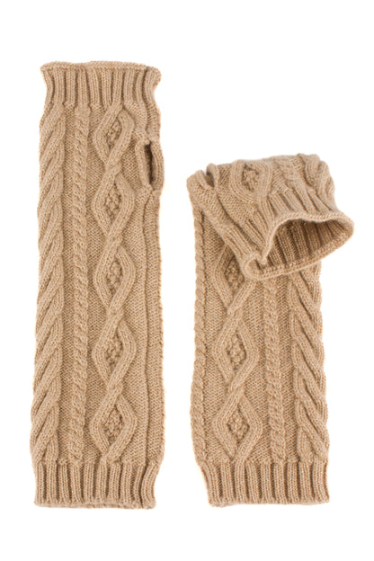 Sand beige knitted aran cable cashmere arm warmers