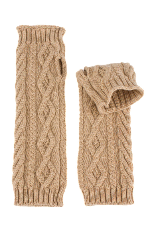 Sand beige knitted aran cable cashmere arm warmers