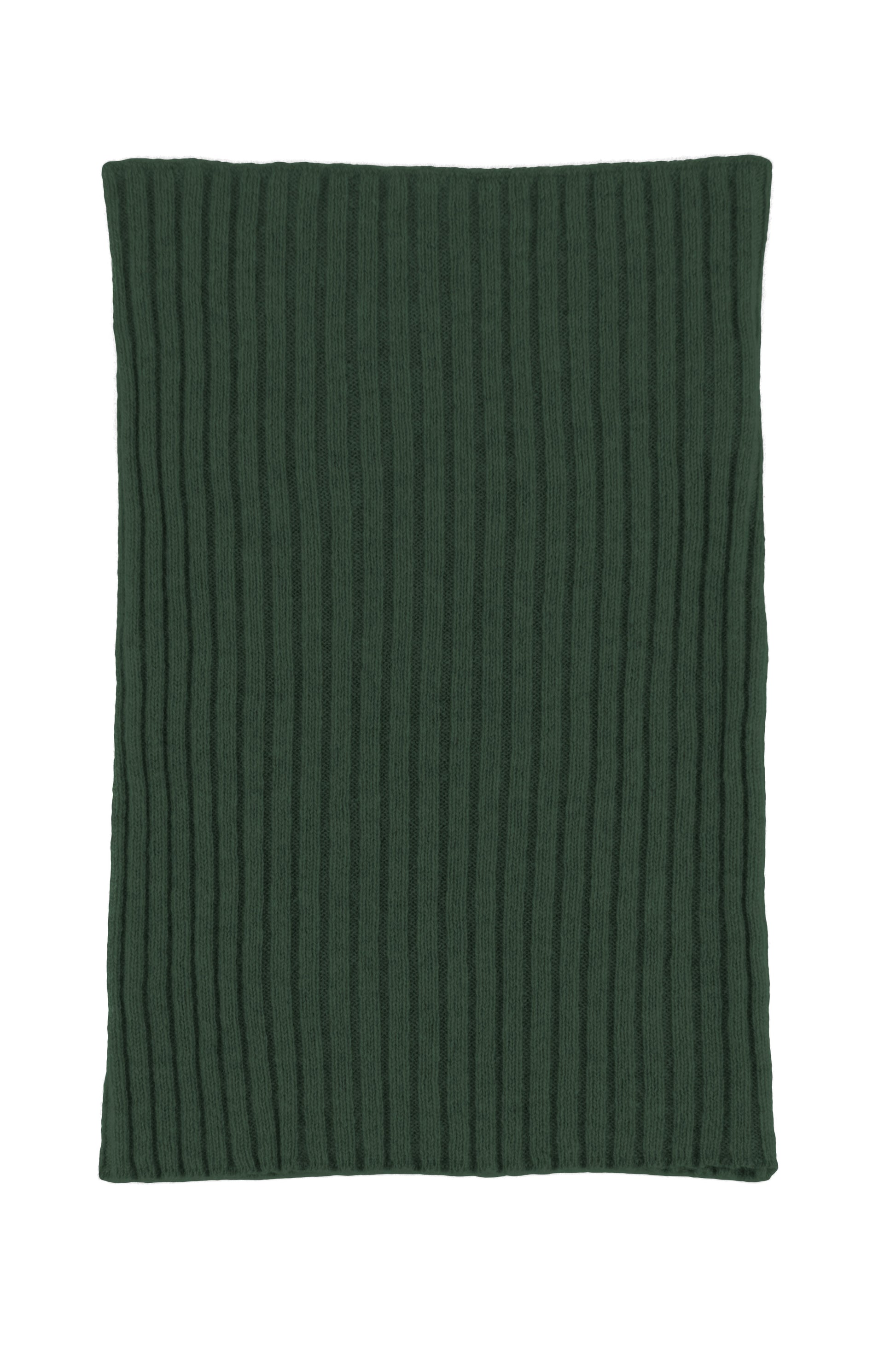 Green knitted ribbed cashmere snood scarf, made in Scotland by Love Cashmere