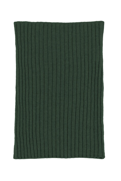 Green knitted ribbed cashmere snood scarf, made in Scotland by Love Cashmere