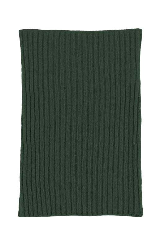 Green knitted ribbed cashmere snood scarf, made in Scotland by Love Cashmere