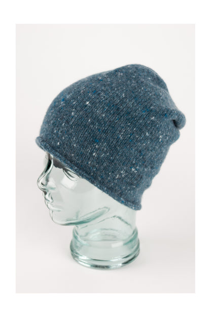 Teal blue knitted donegal cashmere beanie hat, made in Scotland by Love Cashmere