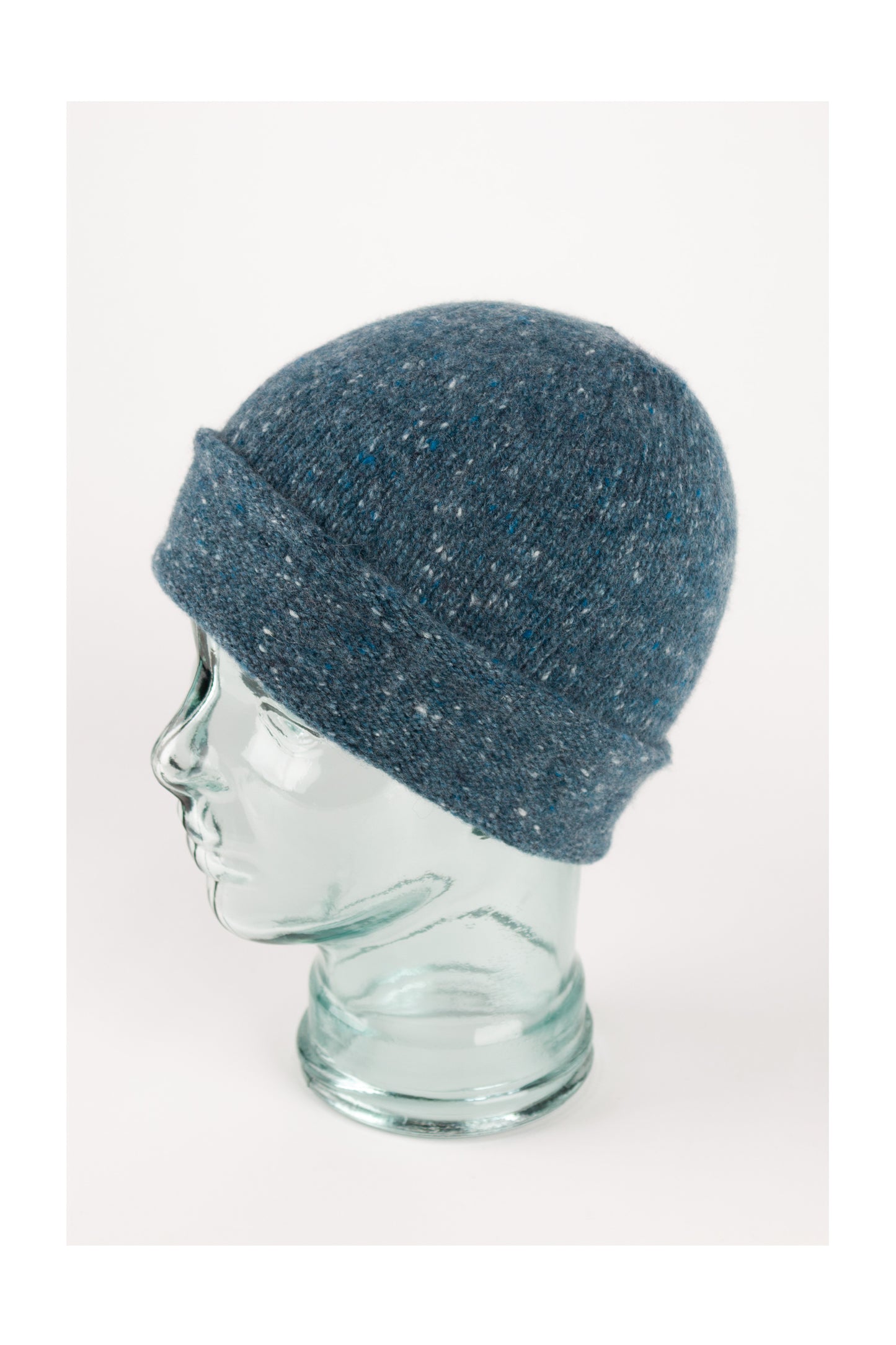 Teal blue knitted donegal cashmere beanie hat, made in Scotland by Love Cashmere