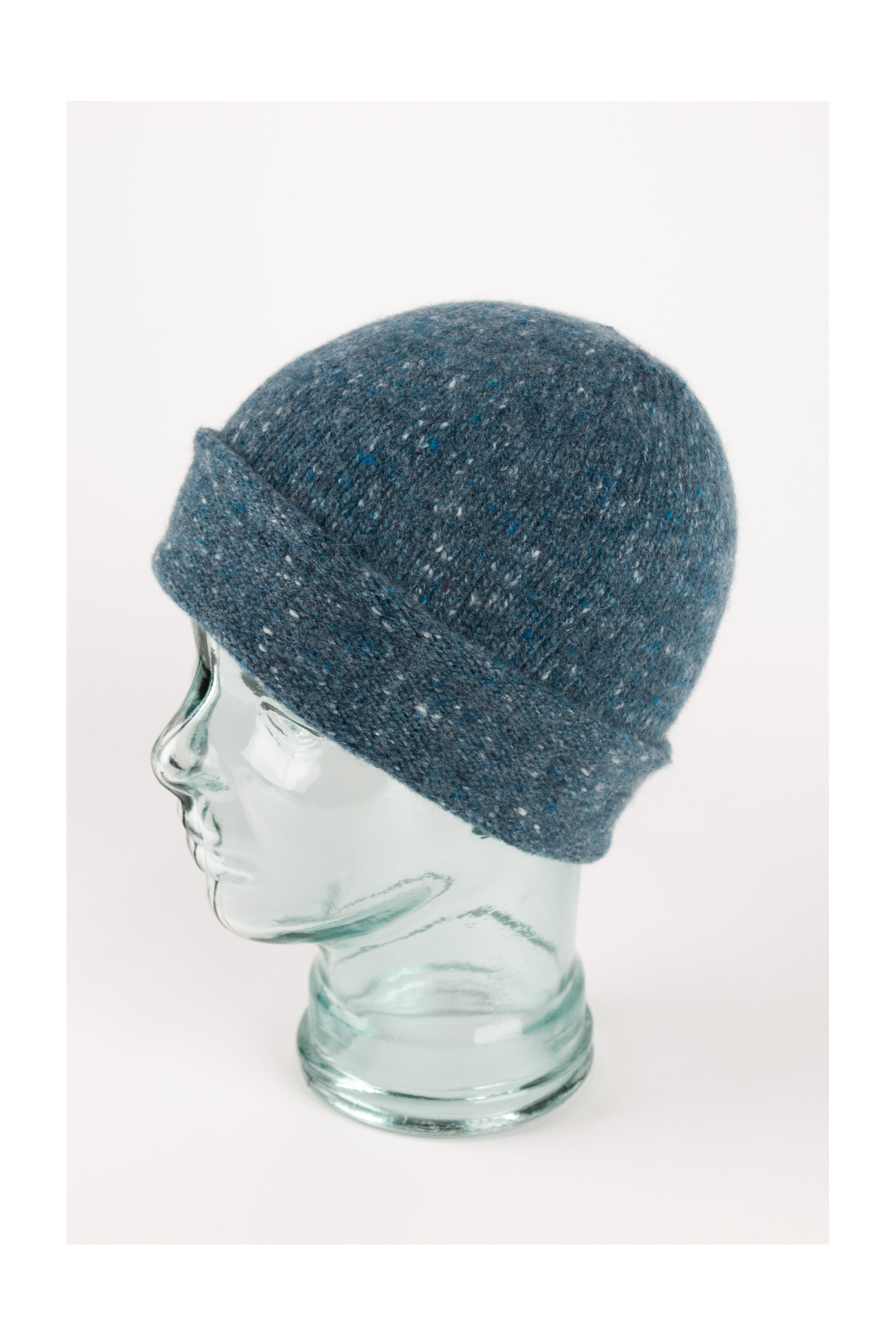 Teal blue knitted donegal cashmere beanie hat, made in Scotland by Love Cashmere