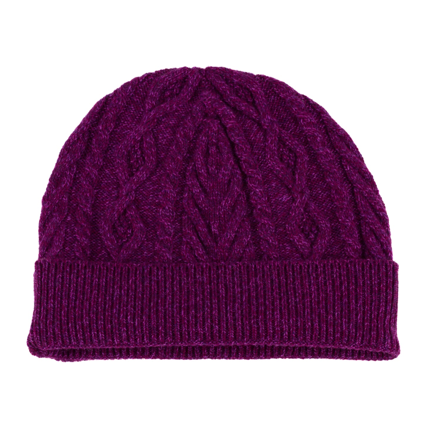 Purple knitted cashmere aran cable beanie hat