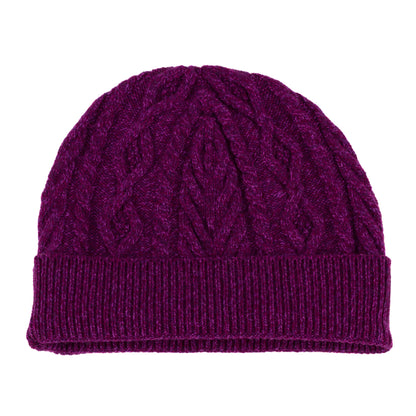 Purple knitted cashmere aran cable beanie hat
