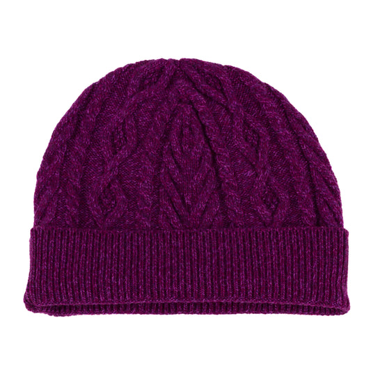 Purple knitted cashmere aran cable beanie hat