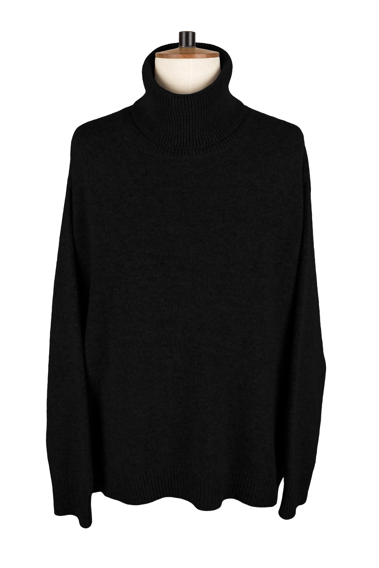 Women's black knitted cashmere roll neck sweater, made in Scotland by Love Cashmere