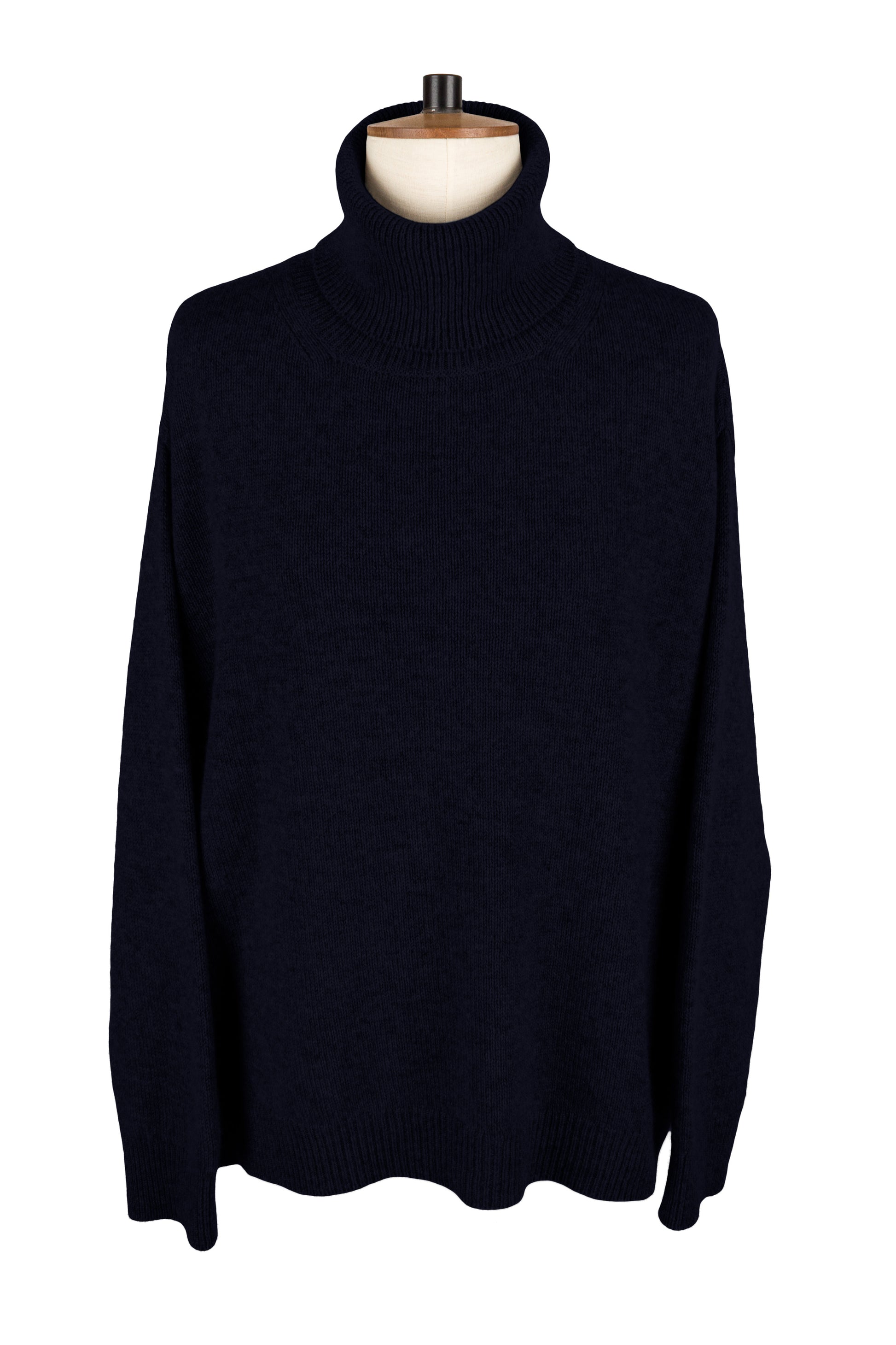 Women's dark navy blue knitted cashmere roll neck sweater, made in Scotland by Love Cashmere
