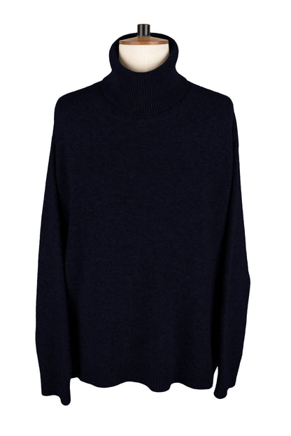 Women's dark navy blue knitted cashmere roll neck sweater, made in Scotland by Love Cashmere