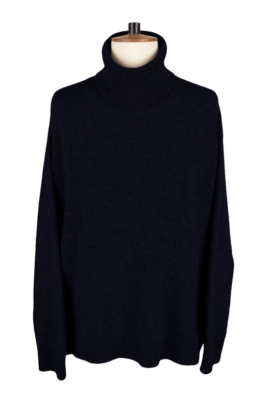 Women's dark navy blue knitted cashmere roll neck sweater, made in Scotland by Love Cashmere