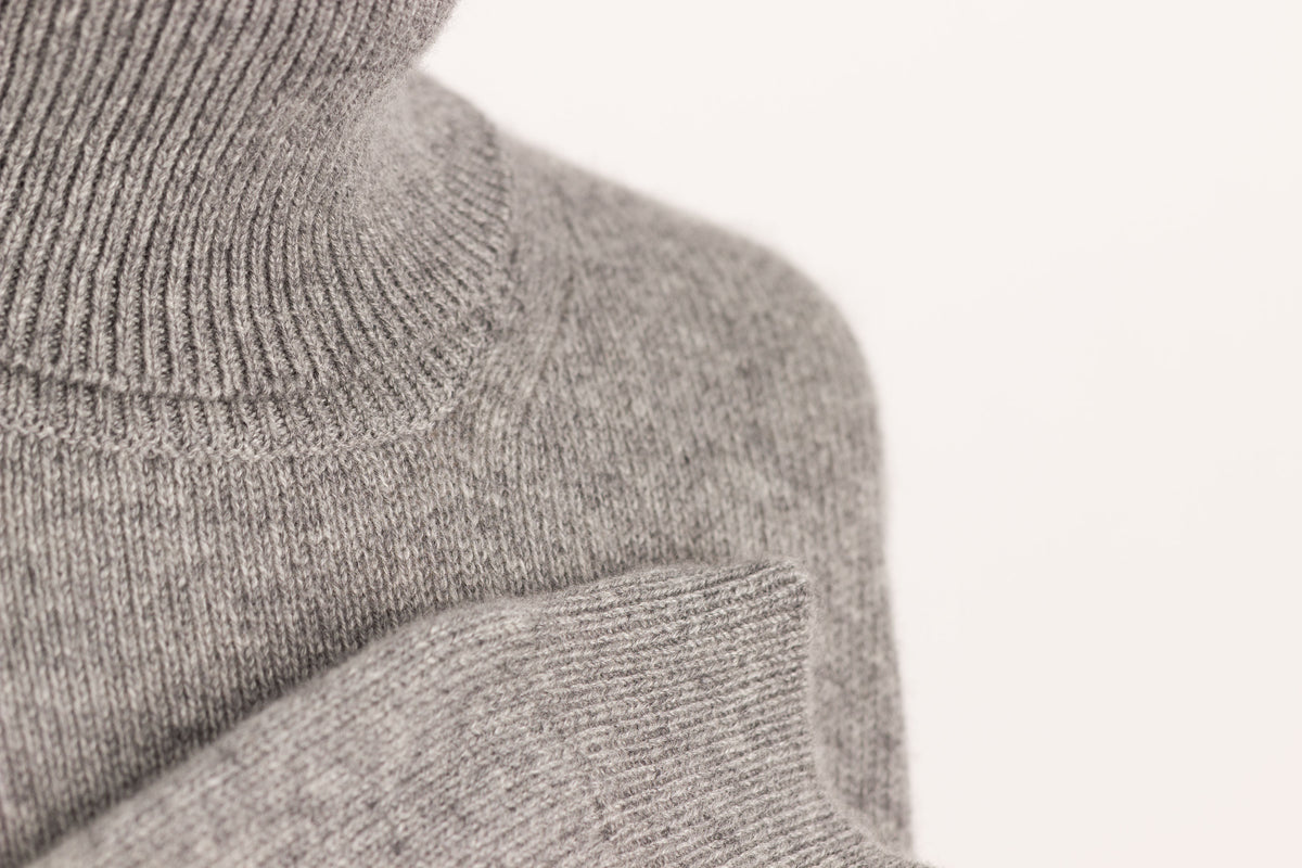Women's knitted cashmere roll neck sweater close up, made in Scotland by Love Cashmere