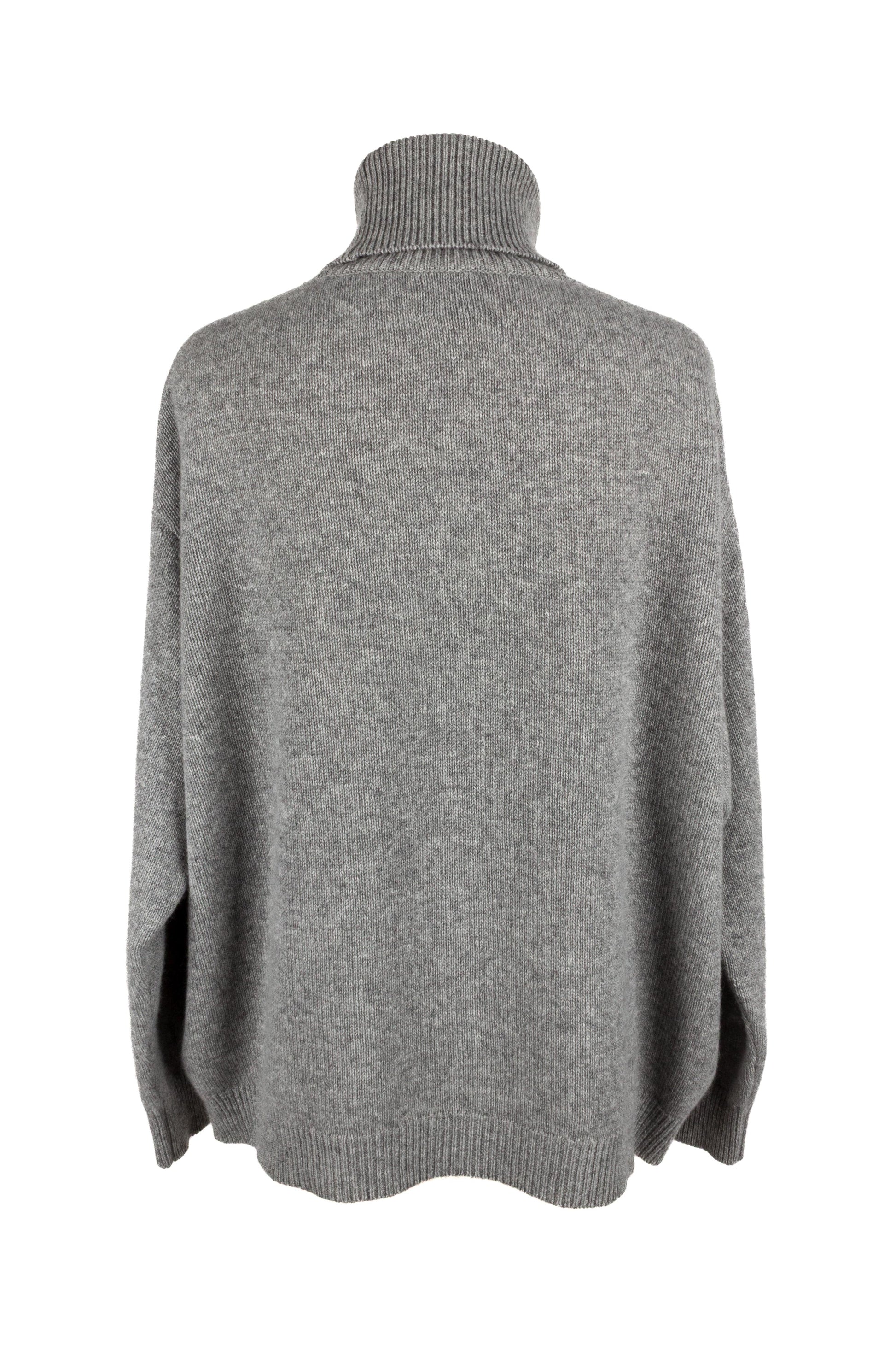 Back view of women's light grey knitted cashmere roll neck sweater, made in Scotland by Love Cashmere