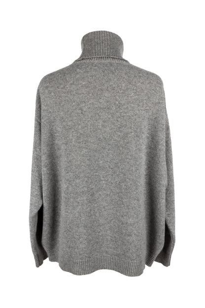 Back view of women's light grey knitted cashmere roll neck sweater, made in Scotland by Love Cashmere