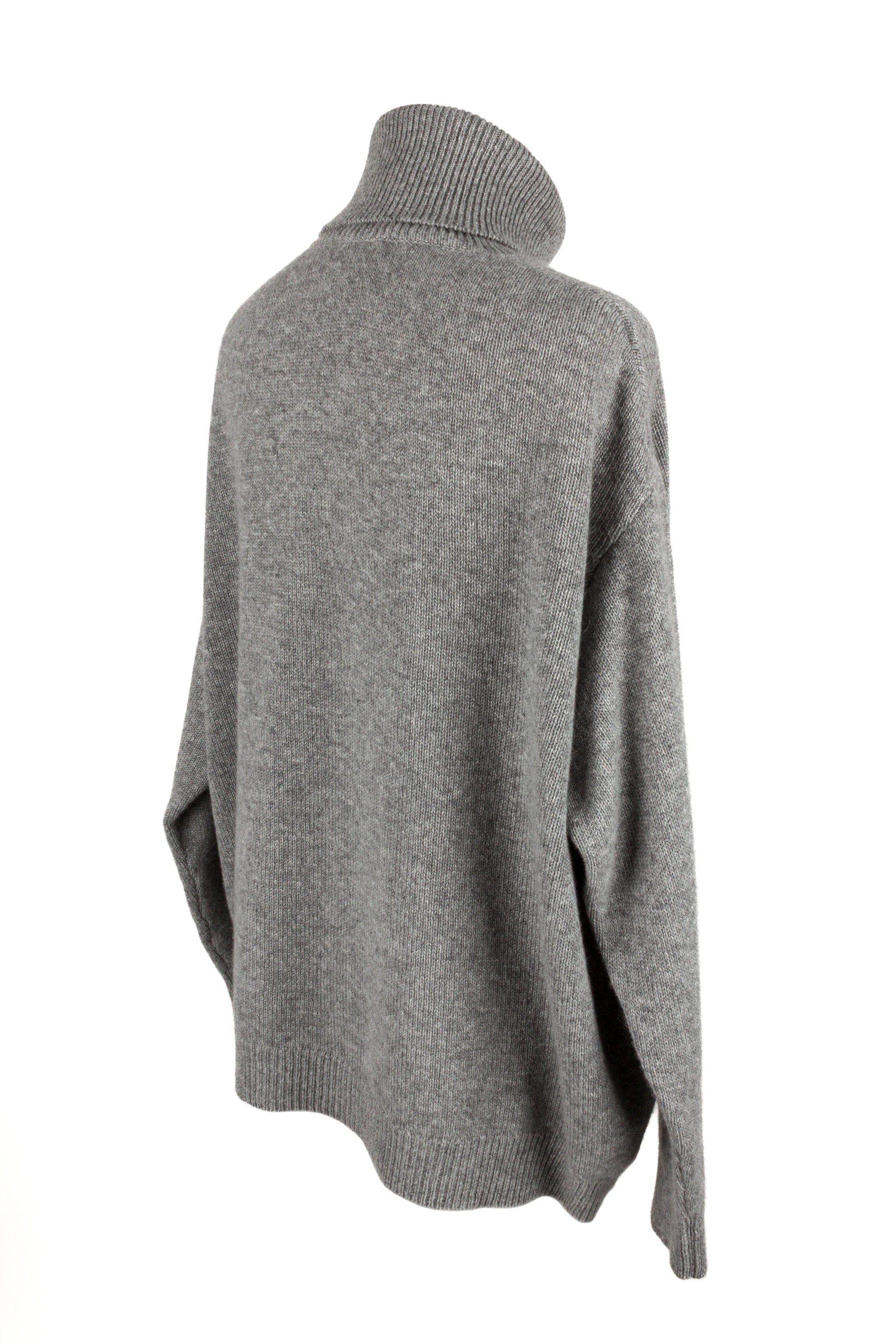 Back side view of women's light grey knitted cashmere roll neck sweater, made in Scotland by Love Cashmere