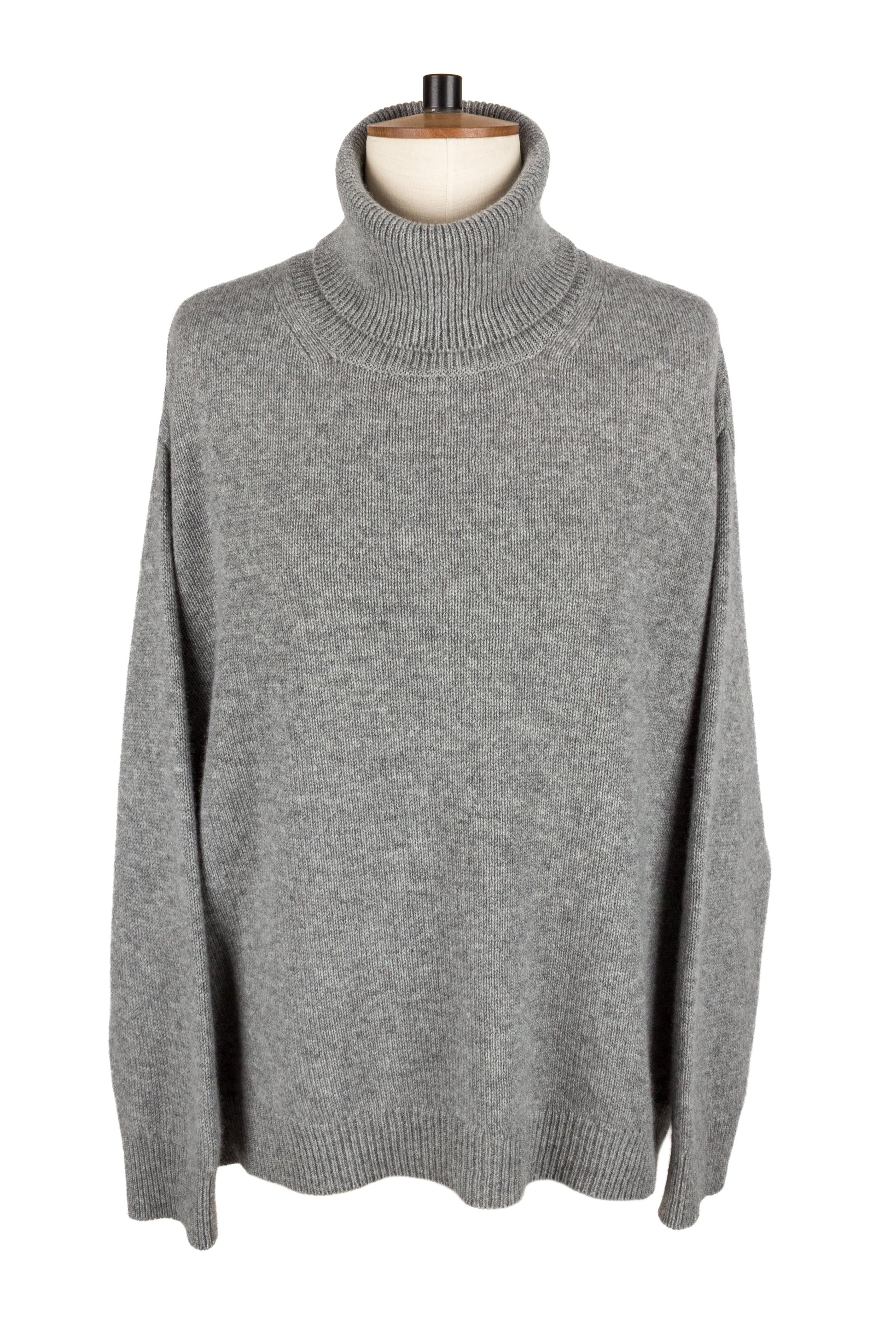 Women's light grey knitted cashmere roll neck sweater, made in Scotland by Love Cashmere