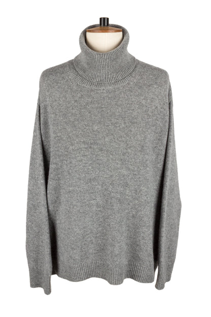 Women's light grey knitted cashmere roll neck sweater, made in Scotland by Love Cashmere