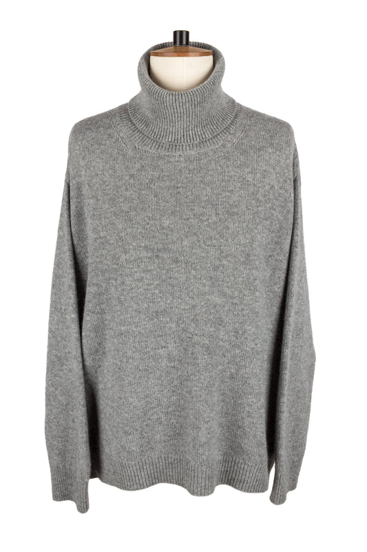 Women's light grey knitted cashmere roll neck sweater, made in Scotland by Love Cashmere
