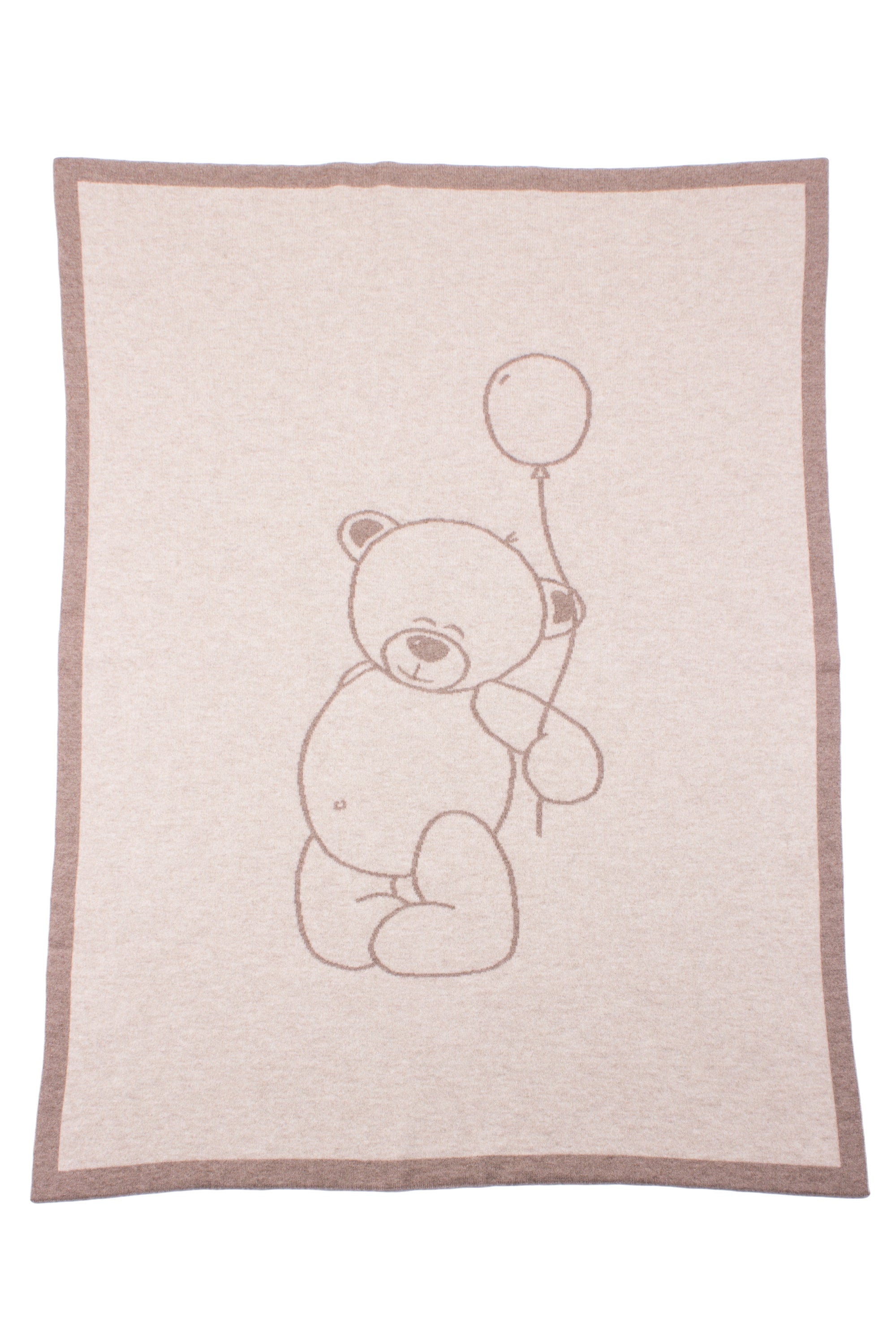 A cashmere baby blanket with a teddy bear design, in a beige color, with a line drawing of a bear holding a balloon.
